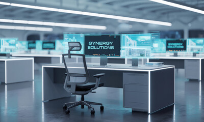 Modern office space with desks, chairs, and illuminated computer screens.
