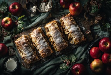 Warm Homemade Apple Strudel with Cinnamon and Sugar Served with Fresh Apples and Flour on a Rustic Wooden Table