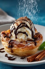 Warm Pastry Dessert with Ice Cream and Drizzled Chocolate, Topped with Powdered Sugar and a Cinnamon Stick on a Plate