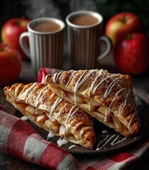 Warm Pastry with Apple Filling, Drizzled Icing, and Cups of Hot Beverage Surrounded by Fresh Apples on a Cozy Table Setting