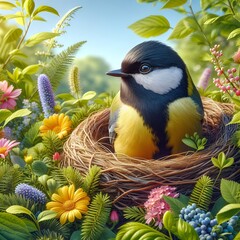 The great tit bird in nest