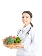 Young Chinese female doctor on white background