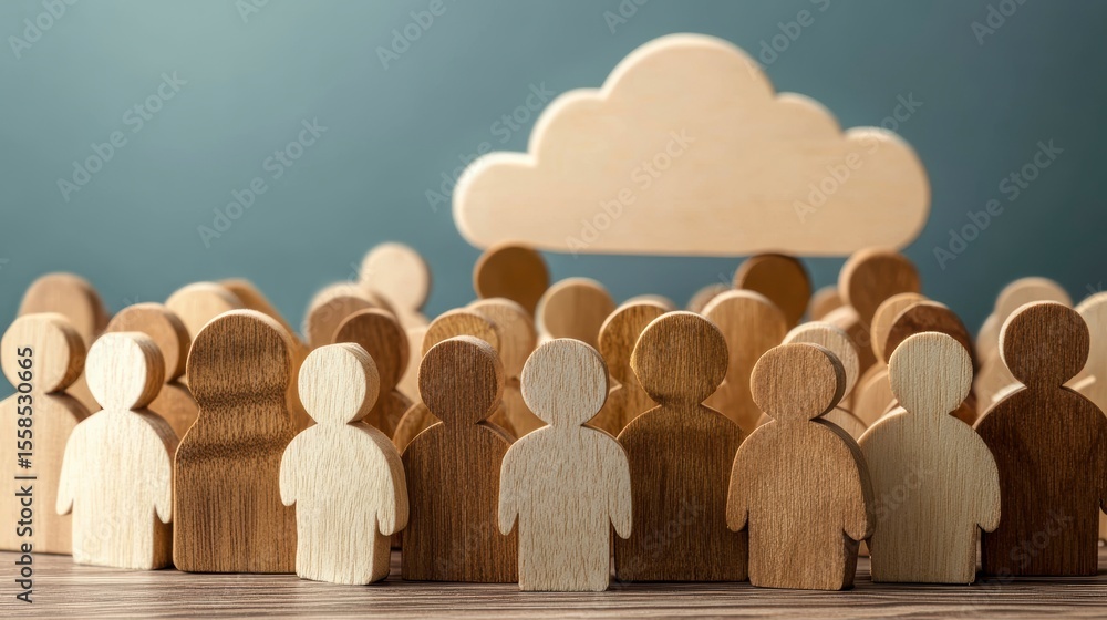 Poster Wooden figurines representing a community under a cloud symbol, illustrating concepts of data sharing, cloud computing, or community connection.