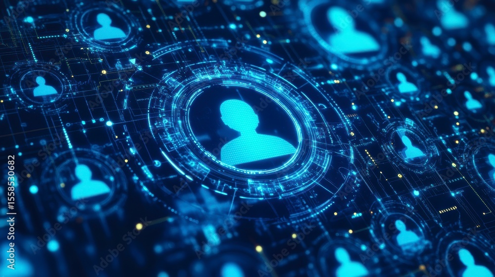 Poster digital network with glowing icons representing people connections.
