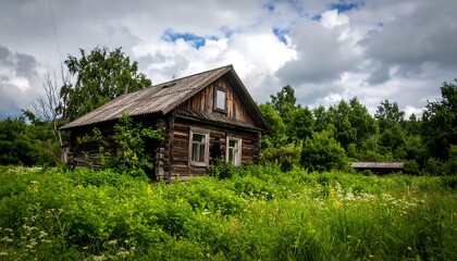 Obraz premium Rustic wooden house in overgrown field