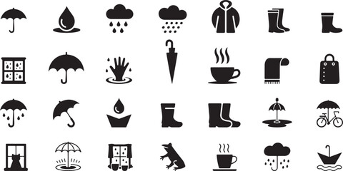 Umbrella rain boots coat scarf hot drink window cat frog