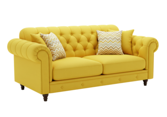 Isolated Yellow Chesterfield Sofa with Patterned Cushions