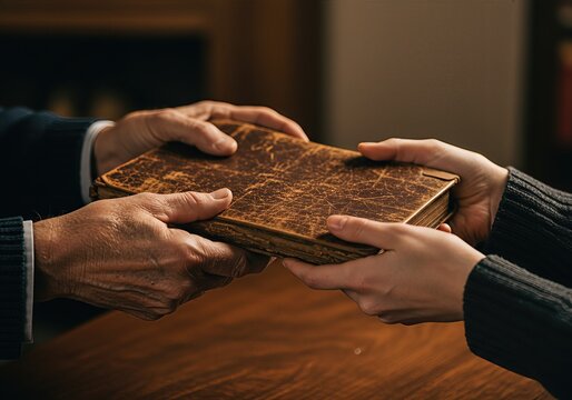 Hands Passing Vintage Book Symbolizing Knowledge, Heritage, and Generational Wisdom