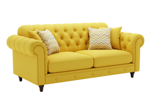 Isolated Yellow Chesterfield Sofa with Patterned Cushions