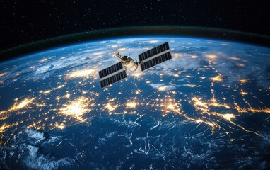 Satellite orbiting Earth, showcasing illuminated cities below