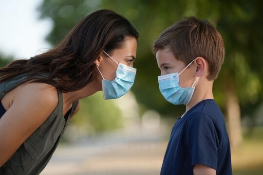 A mother and son share a close moment while wearing face masks outdoors. - Powered by Adobe