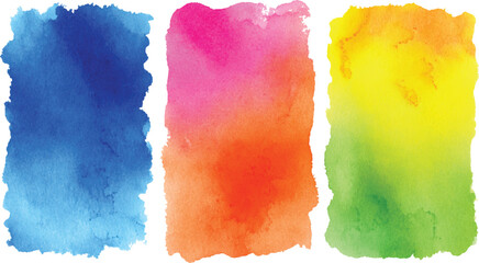 Three Vertical Abstract Watercolor Washes Blue Pink Orange Yellow Green Gradient Color Swatches Textured Background Design Elements