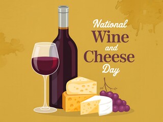 Illustration of wine bottle glass cheese and grapes for national wine and cheese day