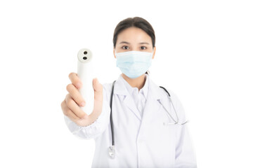 Young Chinese female doctor on white background