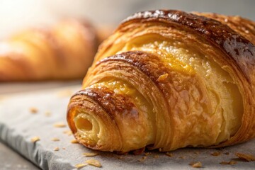 A delicious and flaky croissant, freshly baked and ready to be enjoyed.