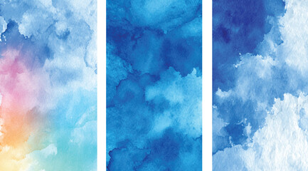 Three Vertical Watercolor Textures Pastel Rainbow Blue Shades Gradient Backgrounds Design Elements