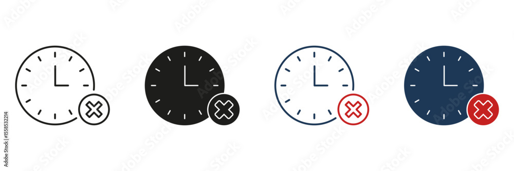 Poster clock with cross mark line and solid icon set. time management, deadline missed, and schedule cancel