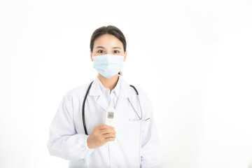 Young Chinese female doctor on white background