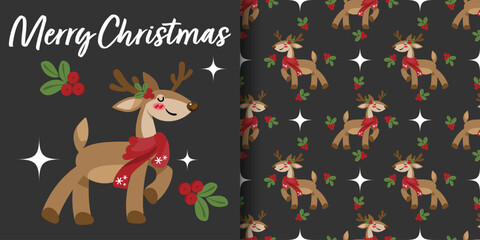 Christmas holidays banner and seamless pattern of cute reindeer wearing red scarf with Holly berries, Merry Christmas text and stars on black background.