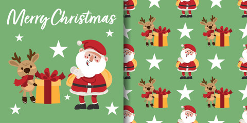 Christmas holidays banner and seamless pattern of Santa Claus holding a yellow bag and reindeer wearing red scarf stand with a big gift box on light green background with stars.