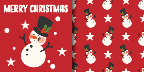 Christmas holiday banner and seamless pattern of cute snowman wearing black hat decorated with holly branches on red background with stars.