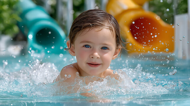 Adorable toddler swimming and playing in the pool at a water park - Powered by Adobe