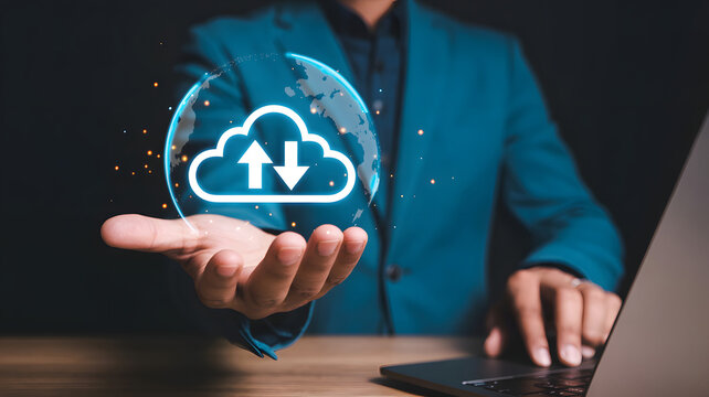 Businessman presents cloud computing technology, showcasing data transfer and connectivity solutions for modern digital infrastructure and business. - Powered by Adobe