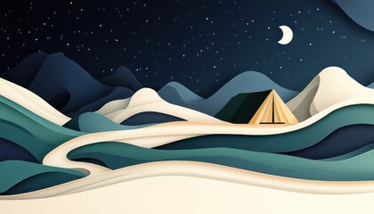 A horizontal illustration for Sleep Under the Stars Night, showing a simple tent pitched on a quiet grassy field under a clear starry sky. 