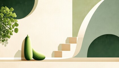 A horizontal illustration for Sneak Some Zucchini onto Your Neighbor™s Porch Day, showing a single zucchini placed quietly on a simple doorstep with soft shadows. 