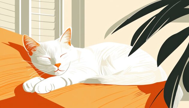 A horizontal illustration for Cat Day, showing a single cat curled up peacefully on a soft cushion by a sunny window.