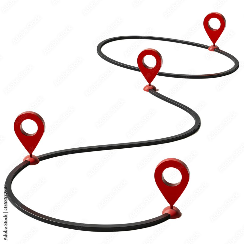 Poster abstract 3d rendering of a winding road with multiple red location pins isolated on transparent back