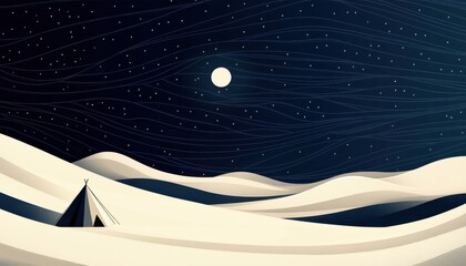 A horizontal illustration for Sleep Under the Stars Night, showing a simple tent pitched on a quiet grassy field under a clear starry sky. 