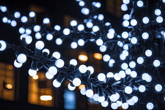Close-up of a string of white LED lights on a branch, against a blurred night cityscape background