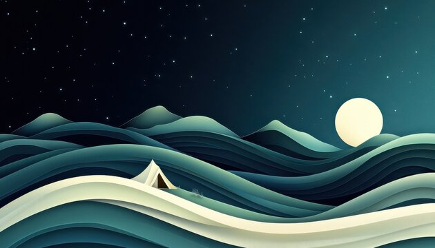 A horizontal illustration for Sleep Under the Stars Night, showing a simple tent pitched on a quiet grassy field under a clear starry sky. 