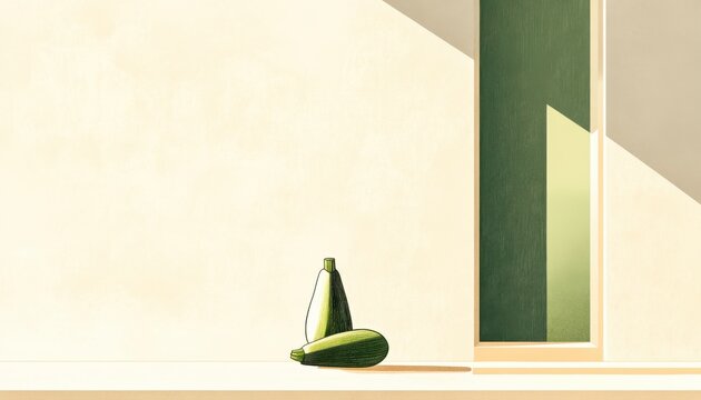 A horizontal illustration for Sneak Some Zucchini onto Your Neighbor™s Porch Day, showing a single zucchini placed quietly on a simple doorstep with soft shadows. 