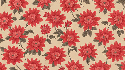 Colorful floral pattern featuring red flowers and leafes on a cream background, elegant and vibrant textile design for home decor or fashion