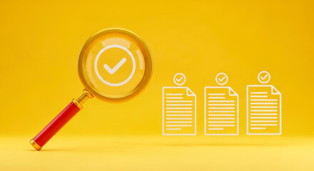 Magnifying glass checklist document review search audit inspection verification compliance quality control check mark