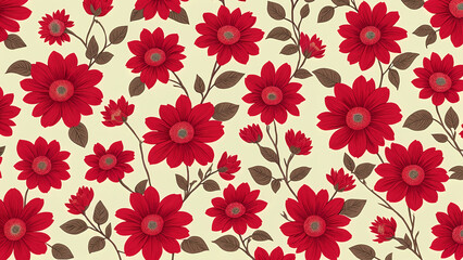 Colorful floral pattern featuring red flowers and leafes on a cream background, elegant and vibrant textile design for home decor or fashion