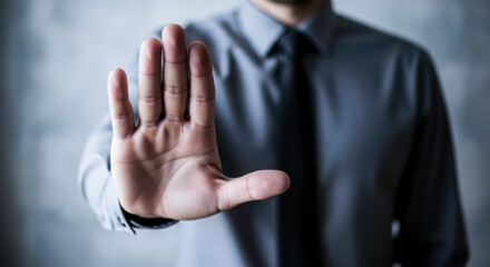 Stop hand gesture business man denial rejection warning sign halt concept authority control refusal symbol 98