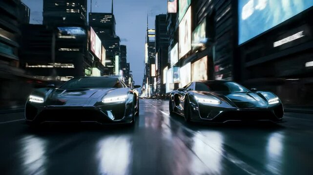 Street racing super cars in futuristic city video game