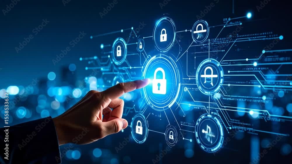 Poster cyber security concept clicking padlock icon connecting digital network interface