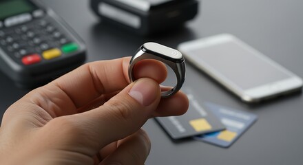 Close-up of a Man's Hand Holding a Smart Ring for NFC Payments and Transactions