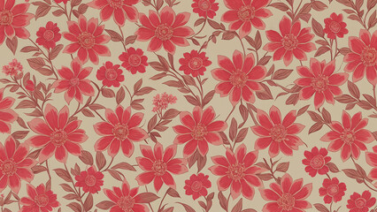 Colorful floral pattern featuring red flowers and leafes on a cream background, elegant and vibrant textile design for home decor or fashion