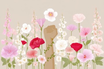 Empowerment Symbol is Represented Through a Raised Fist Amidst Blooming Flowers in a Vibrant and Colorful Design