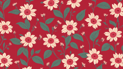 Colorful floral pattern featuring red flowers and leafes on a cream background, elegant and vibrant textile design for home decor or fashion