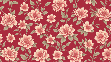 Colorful floral pattern featuring red flowers and leafes on a cream background, elegant and vibrant textile design for home decor or fashion