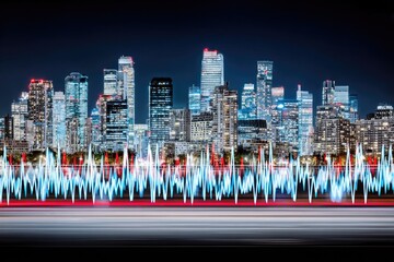 Night city skyline, illuminated buildings, sound waves. Blurred car lights trace a rhythmic path across the urban horizon