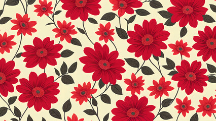 Colorful floral pattern featuring red flowers and leafes on a cream background, elegant and vibrant textile design for home decor or fashion
