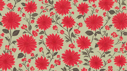 Colorful floral pattern featuring red flowers and leafes on a cream background, elegant and vibrant textile design for home decor or fashion