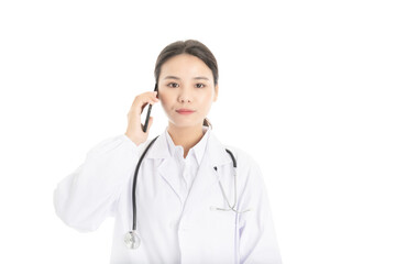 Young Chinese female doctor on white background